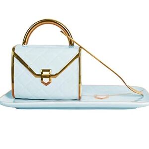 Light Blue Quilted Ceramic Purse Coffee Mug & Dish